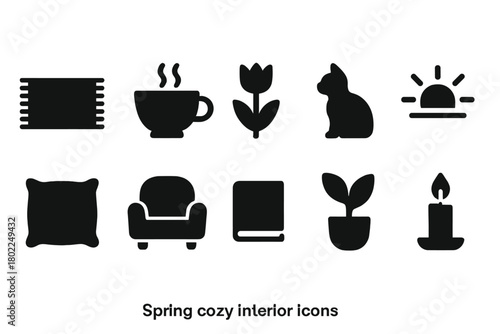 Spring cozy interior icon set. Silhouette style for warm and inviting spaces