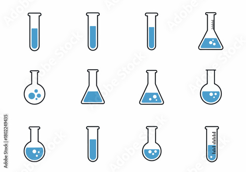 Chemistry and Science Laboratory Glassware Icons Set. Collection of test tubes, Erlenmeyer, and volumetric flasks with blue solution.