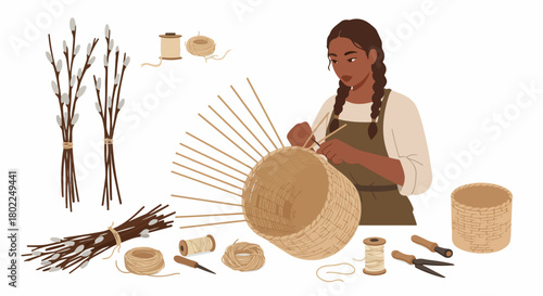 Woman weaving a wicker basket using willow branches and natural fibers, illustrating traditional handicraft and artisan work.
