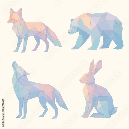 Geometric animals including a fox, bear, wolf, and rabbit in pastel colors