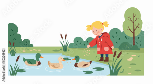 Happy little blonde girl in a red raincoat feeding ducks floating in a pond surrounded by nature, flat vector illustration.