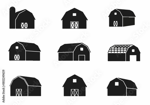 Collection of nine black silhouette barn icons representing various traditional farm buildings, agricultural structures, and country storage houses.