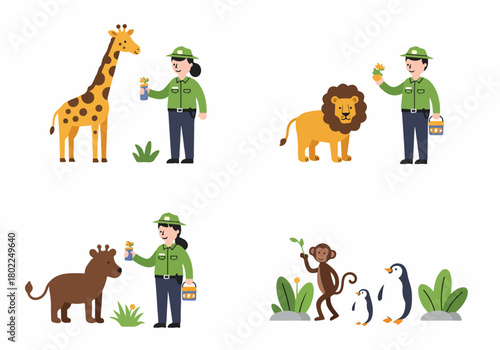 Cute flat vector zoo worker illustration collection caring for diverse wildlife: giraffe, lion, monkey, and penguin.