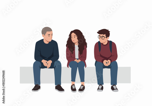 Young people sitting together, communicating, flat vector illustration of friends or students on a white background.