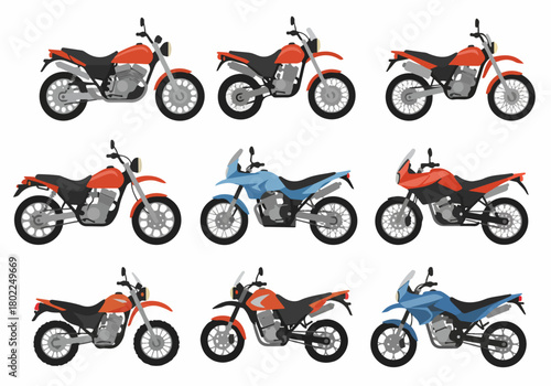 Flat design vector collection of adventure and dual-sport motorcycles, including various types of dirt bikes and touring vehicles, isolated on white.