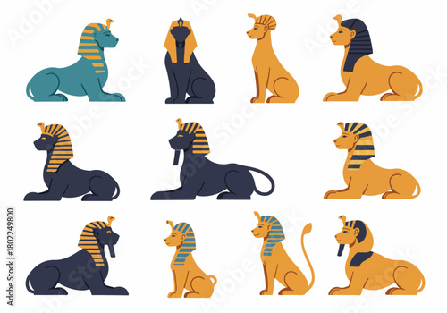 A collection of nine stylized Egyptian sphinx illustrations in flat vector design, featuring various poses and color palettes on a white background.