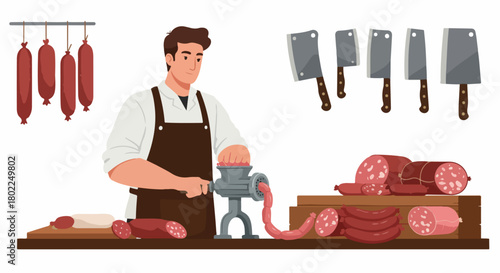 Male butcher using a meat grinder to make fresh sausages and salami in a traditional shop, isolated vector illustration.