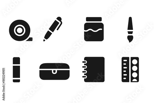 Office supplies silhouette icon set. Stationery, writing tools, art supplies collection