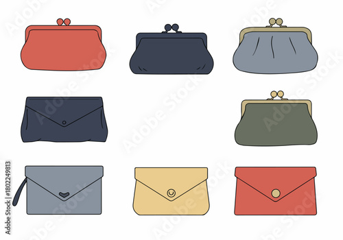 Collection of vintage-style coin purses and clutch bags in muted colors, isolated on a white background, flat vector illustration set.