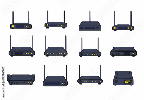 Set of Various Stylized Vector Icons Representing Wireless Wi-Fi Routers, Modems, and Network Devices for Internet Connectivity on a White Background