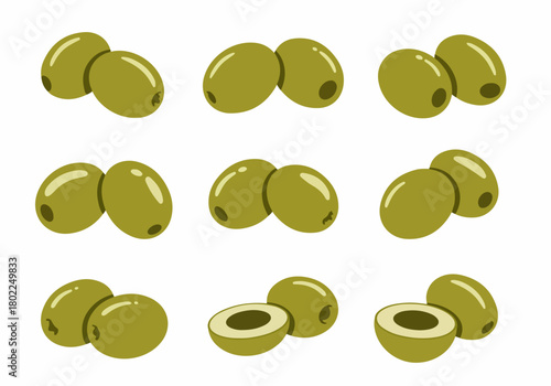Vector illustration set of ripe green olives, whole and halved, isolated on white background for food and cooking themes.