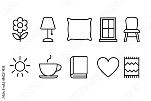 Home decor outline icon set. Interior essentials, living space outline collection