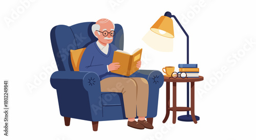 Cozy Retirement Reading: Elderly Gentleman Relaxing in an Armchair, Reading a Book Next to a Side Table with Lamp and Coffee.