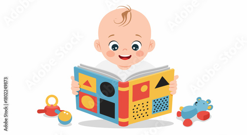 Smiling infant enjoying a colorful shape book, symbolizing early learning and childhood development.