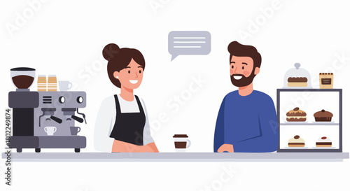 Barista talking to a customer at a modern coffee shop counter with an espresso machine and pastry display, showcasing customer service interaction.