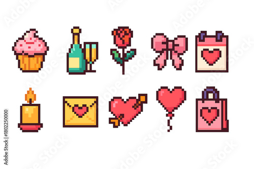 Valentine's day pixel icon set. Romantic, love icons in pixel art style
