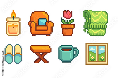 Home and garden pixel art icon set. Cozy, decorative icons in retro pixel art style