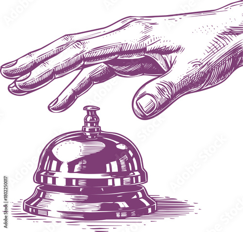 Hand reaching to press a vintage hotel reception desk bell with purple ink illustration service