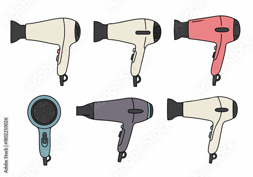 Cartoon collection of six different handheld hair dryer illustrations in various colors, isolated on a white background, representing salon equipment and styling tools.