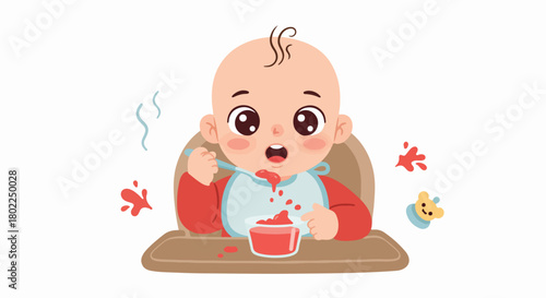 Adorable cartoon baby making a messy splash while learning to self-feed with a spoon and bright red puree in a high chair.