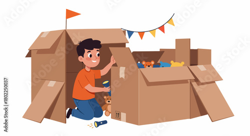 Happy boy exploring his imaginative cardboard box fort with a flashlight and stuffed toys, representing creative childhood play.
