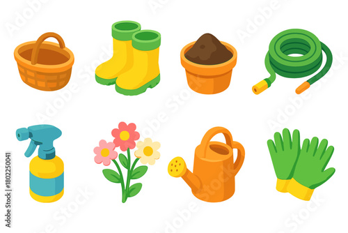 Gardening tools 3d icon set. Horticulture, planting, and garden equipment collection.