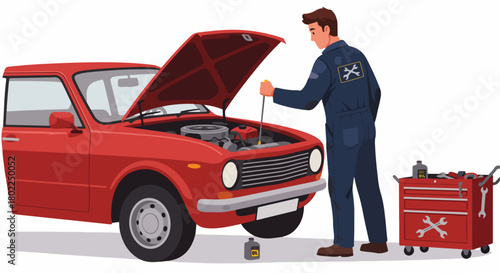 Professional car mechanic inspecting the engine and checking oil levels of a vintage red vehicle during routine maintenance.