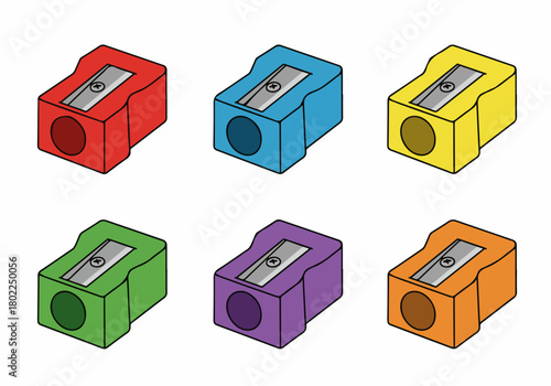 Collection of six colorful isometric pencil sharpeners isolated on a white background, featuring red, blue, yellow, green, purple, and orange.