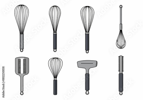 Set of essential kitchen whisks, slotted spatulas, and specialized cooking tools vector illustration on a white background.