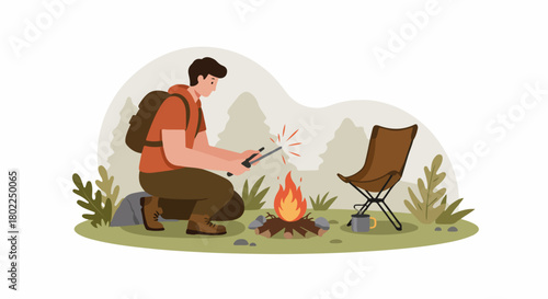Adventurer lighting a campfire with a fire starter while resting near a chair and mug in a tranquil outdoor setting.