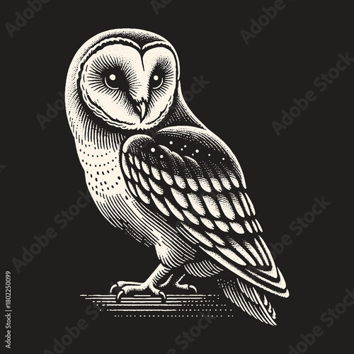 Elegant Barn Owl Illustration on Black Background.