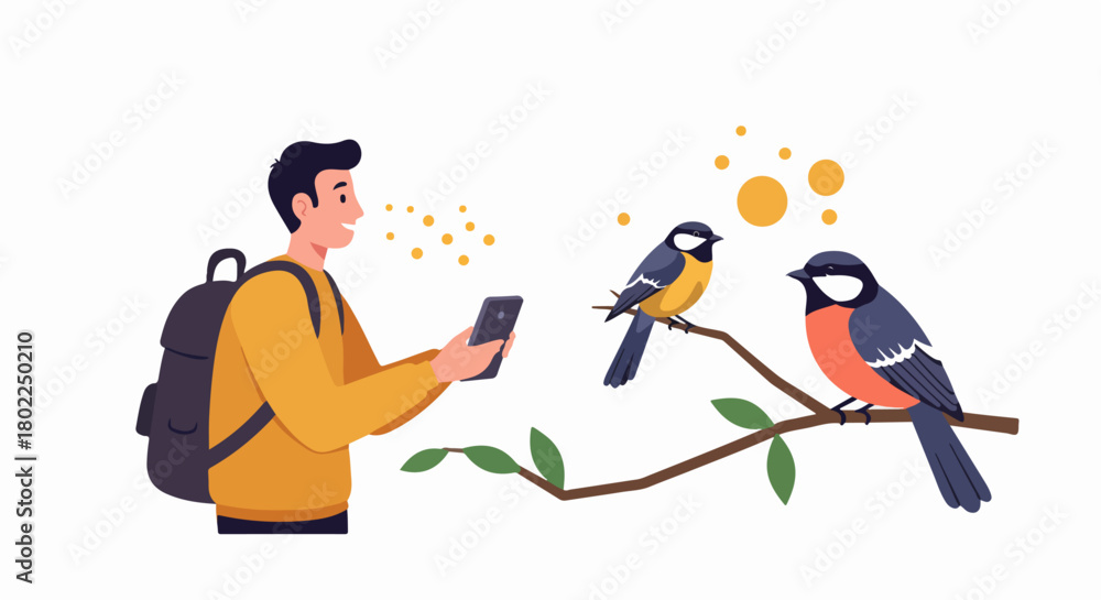 Εκτύπωση καμβά Hiker using mobile app for bird identification while observing colorful birds perched on a branch