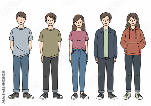 Full-body illustration of diverse young men and women standing in casual outfits, representing youth culture and friendship.