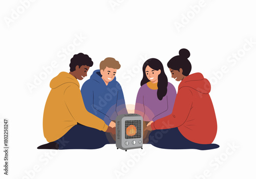 Diverse Young Friends Huddle Around a Small Portable Electric Heater for Warmth and Comfort During Winter or Energy Shortages.