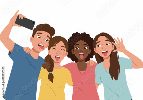 Diverse Group of Young Friends Making Funny Faces While Taking a Selfie, Celebrating Friendship and Fun Moments.