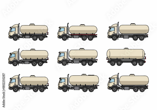 Seamless pattern vector illustration of beige tanker trucks for liquid cargo transport, repeating background design element for logistics and fuel industry.