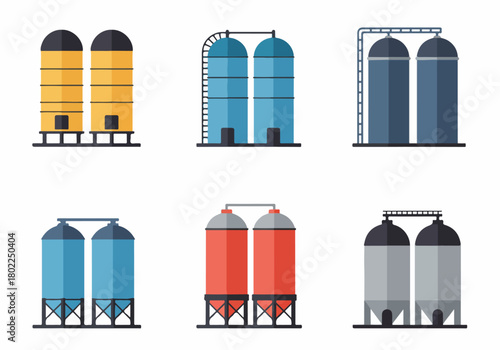 Flat design vector illustration set of industrial storage tanks, silos, and factory containers for chemical, oil, or grain industry isolated on white background.