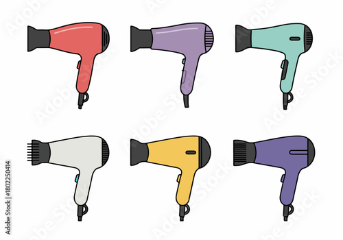 Vector illustration set of six colorful hair dryers in various shades, isolated on a white background, symbolizing hairdressing, beauty, and styling tools.