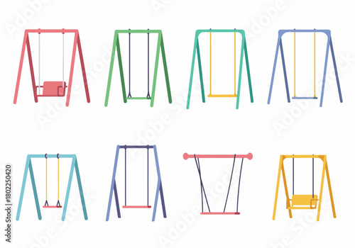 Collection of eight colorful playground swings set. Flat vector illustration of various children's recreation equipment, isolated on white background.