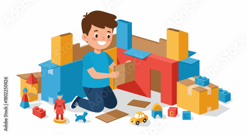 Smiling boy playing and building a large structure with colorful cardboard boxes and toys, emphasizing creativity and imagination.