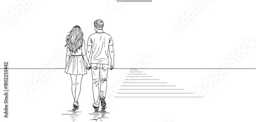 Sketch of a couple holding hands walking away from view towards the future on a clean white background.