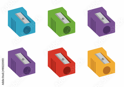 Colorful Isometric Flat Design Vector Collection of Six Plastic Pencil Sharpeners for School and Office Supplies.