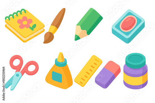 School supplies 3d icon set. Notebook, pencil, eraser, glue, scissors, ruler collection
