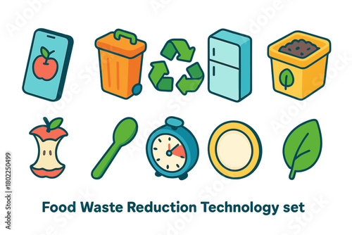 Food waste reduction technology icon set. Eco-friendly, recycling icons in flat style