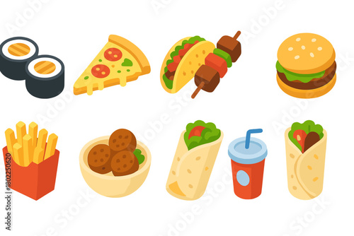 Fast food, snacks 3d icon set. Delicious burgers, pizza, and more 3d icons collection
