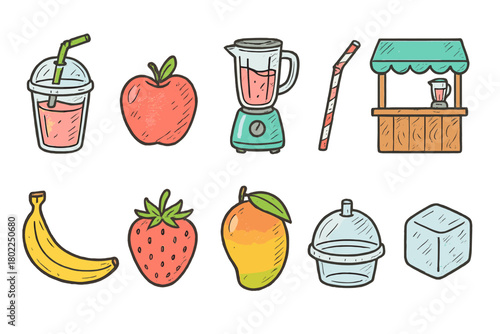 Juice bar flat icon set. Fruit, drink, blender, smoothie elements collection