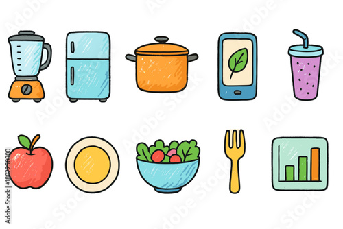 Food and cooking doodle icon set. Hand-drawn, colorful kitchen tools and ingredients