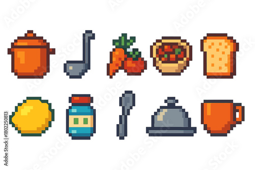 Cooking tools, food pixel icon set. Kitchen and food essentials pixel collection.
