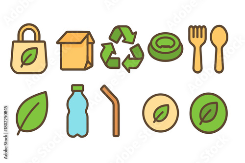 Eco-friendly, recycle flat icon set. Sustainable lifestyle icons for green living.