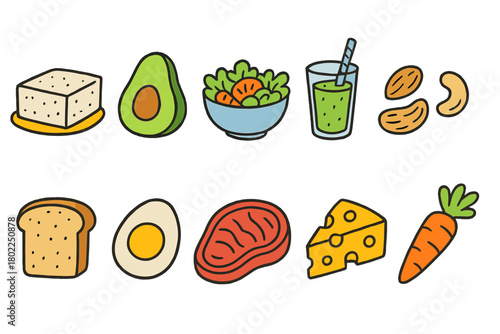 Healthy food, nutrition flat icon set. Vegetarian, vegan diet flat icon collection.